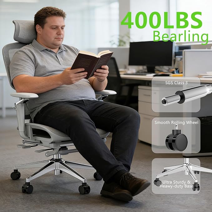 Ergonomic Office Chair with Footrest - 6D Adjustable Arms, 3D Separate Lumbar Support & Headrest, Big and Tall High Back Mesh Chair for Long Hours Working, Gaming (400 lbs Capacity)