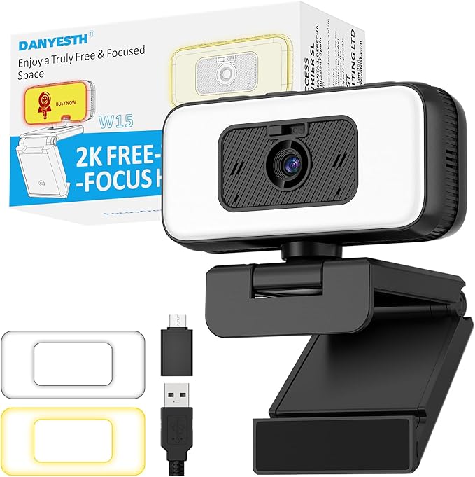 2K Webcam for PC/Laptop/Mac with Light, USB Computer Camera with Microphone for Desktop Monitor 【Focus in Shared or Home Space】 Auto Anti-Disturb Backlight, Zoom, Flip, Plug & Play