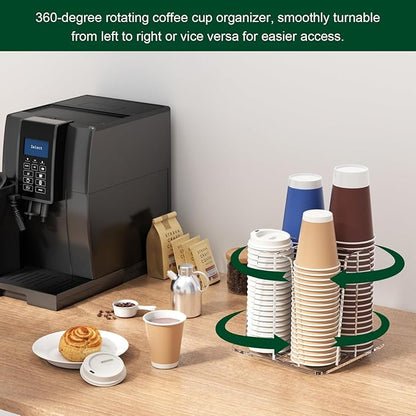 Coffee Cup Organizer for Countertop - Rotating Plastic Cup Holder 4 Compartments Clear Acrylic Cup and Lid Holder for Coffee Bar Restaurant Breakroom Disposable Paper Coffee Cup Dispenser