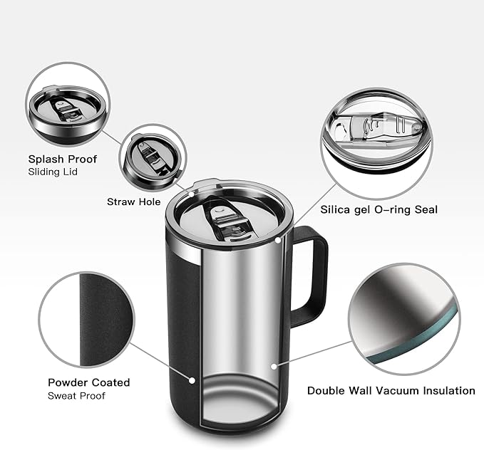 KXIAOCHEN 20oz Insulated Coffee Mug with Lid, Stainless Steel Coffee Cup, Double Wall Vacuum Coffee Tumbler with Handle, Premium Thermal Travel Coffee Mug (Black Purple 2Pack)