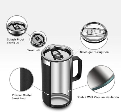 KXIAOCHEN 20oz Insulated Coffee Mug with Lid, Stainless Steel Coffee Cup, Double Wall Vacuum Coffee Tumbler with Handle, Premium Thermal Travel Coffee Mug (Glitter Black White 2Pack)