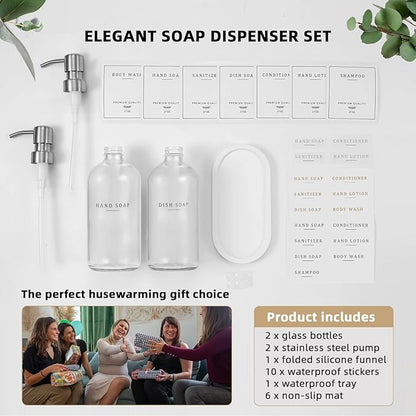 Glass Soap Dispenser - Dish Hand Soap Dispenser Set for Kitchen, Bathroom Soap Lotion Dispenser with 304 Rust Proof Pump, Tray, Clear Bottle/Silver Pump