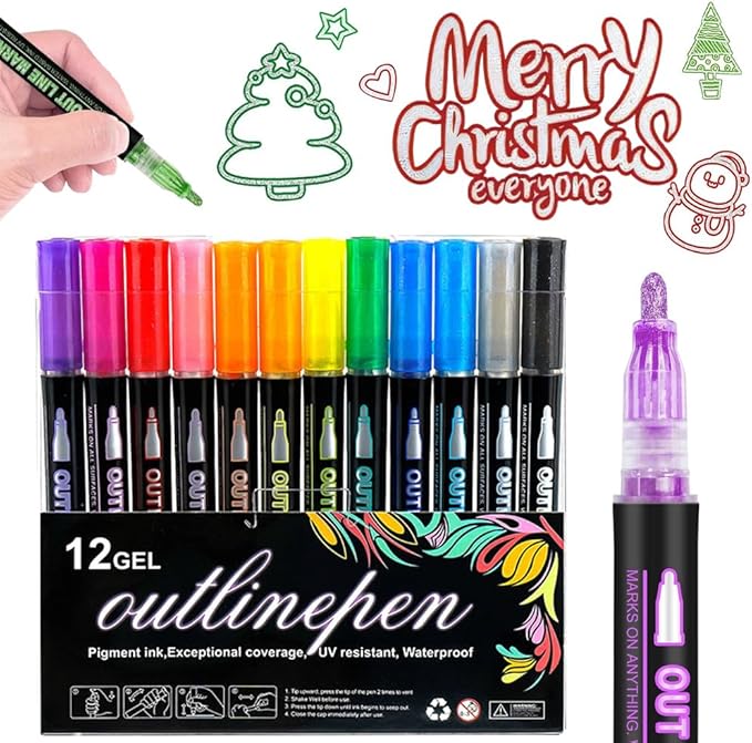 Marker Pen for Highlight, Outline Shimmer Markers Double Line Self-Outline Metallic Glitter Pens Super Squiggles Glitter Marker Set for Card Scrapbook Craft Arts Supplies, Gifts for Kids Teen Girl(12)