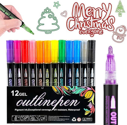 Marker Pen for Highlight, Outline Shimmer Markers Double Line Self-Outline Metallic Glitter Pens Super Squiggles Glitter Marker Set for Card Scrapbook Craft Arts Supplies, Gifts for Kids Teen Girl(12)