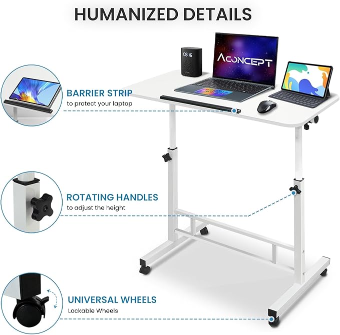 Aconcept Tiltable Small 32 x 16 inch Standing Desk, White Sit Stand Up Rolling Desk with Wheels, Height Adjustable 25-44" for Tablet Laptop and Walking Pad