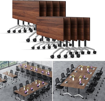Folding Conference Table Modern Large Mobile Meeting Table Rolling Conference Room Tables with Wheels Seminar Tables for Office Training Classroom (10, Walnut, 63" D X 19.7" W X 29.5" H)