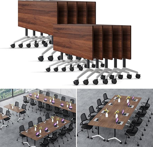 Folding Conference Table Modern Large Mobile Meeting Table Rolling Conference Room Tables with Wheels Seminar Tables for Office Training Classroom (10, Walnut, 63" D X 19.7" W X 29.5" H)