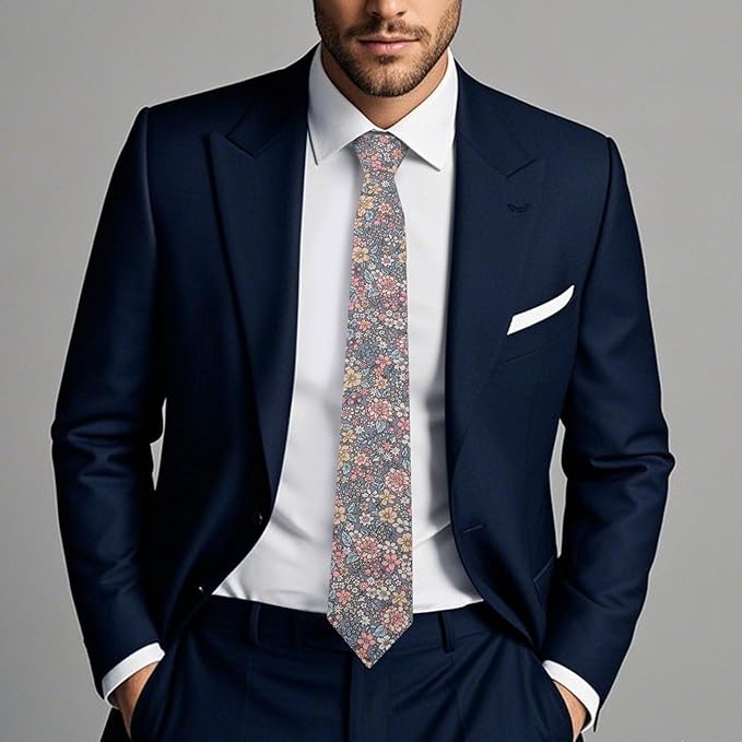 Cotton Floral Ties for Men 2.76" Men's Skinny Tie Linen Flower Printed Neck Tie for Wedding Dating Party