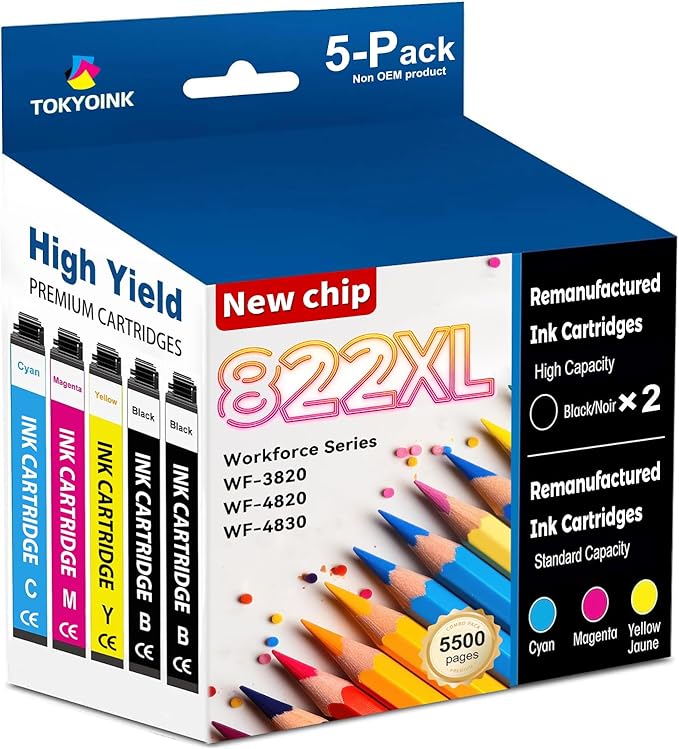 822XL Ink Latest Upgrade Remanufactured Replacement for Epson 822XL Ink Cartridges Compatible for 822 822 XL T822XL Ink for Workforce Pro WF-3820 WF-4830 WF-4820 WF-4830 WF-4833 WF-4834 (5 Pack)