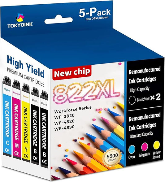 822XL Ink Latest Upgrade Remanufactured Replacement for Epson 822XL Ink Cartridges Compatible for 822 822 XL T822XL Ink for Workforce Pro WF-3820 WF-4830 WF-4820 WF-4830 WF-4833 WF-4834 (5 Pack)