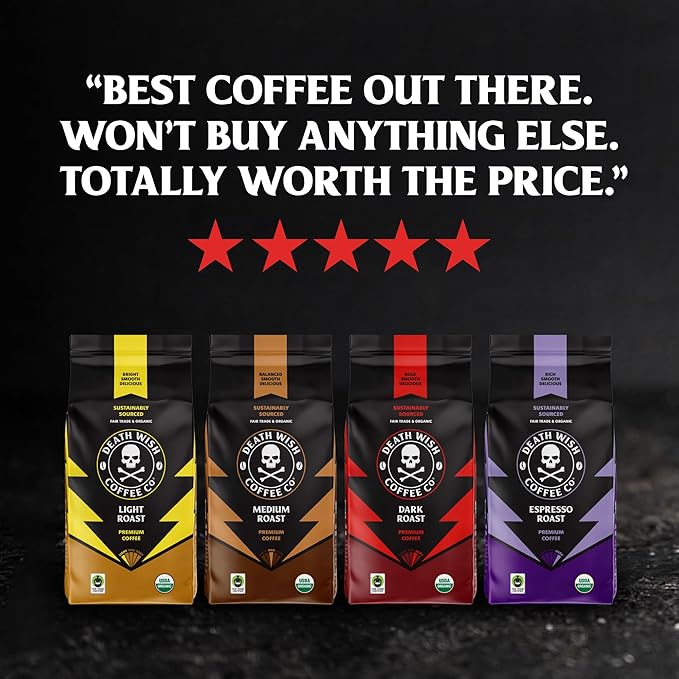 Death Wish Coffee, Organic and Fair Trade Dark Roast Ground Coffee, 16 oz