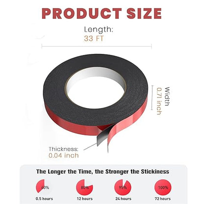 SWRT Double Sided Tape, 33FT x 0.71 in 0.04 Inch Thick Heavy Duty Mounting Foam Tape, Waterproof Adhesive Tape for Car, LED Strip Light, Home Office Automotive Decor