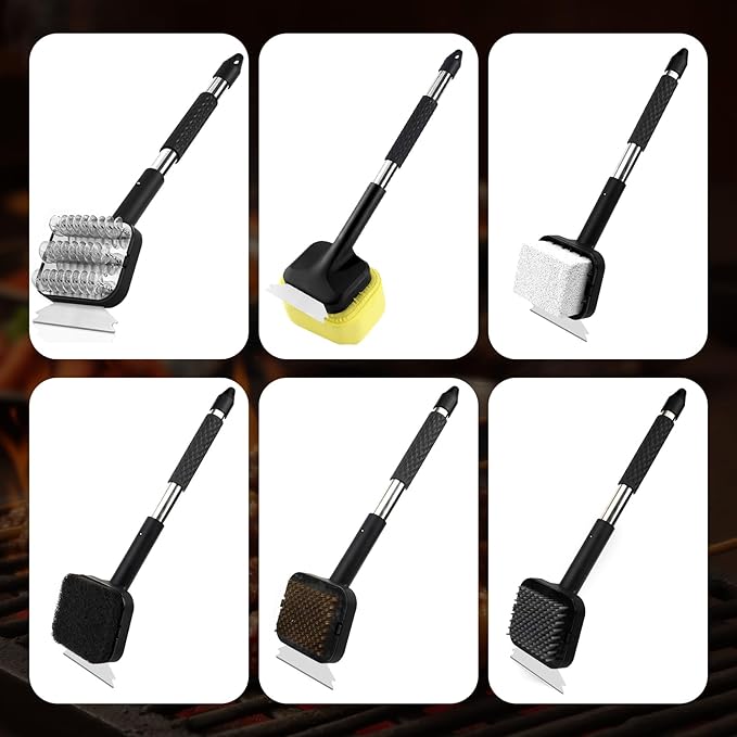 BBQ Grill Brush Set，Safe Grill Cleaning Brush Set and Scraper with Replacement Sponge Heads and Various Cleaning Brushes for Porcelain Charcoal Grill