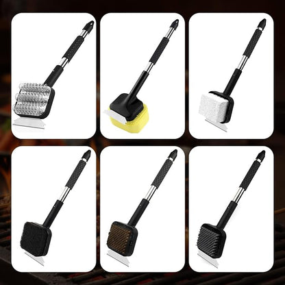 BBQ Grill Brush Set，Safe Grill Cleaning Brush Set and Scraper with Replacement Sponge Heads and Various Cleaning Brushes for Porcelain Charcoal Grill