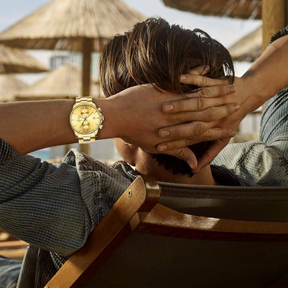 GOLDEN HOUR Fashion Business Mens Watches with Stainless Steel Waterproof Chronograph Quartz Watch for Men, Auto Date