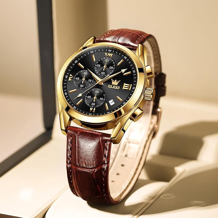 OLEVS Men's Chronograph Leather Watch, Big Face Easy to Read Analog Quartz Dress Watch, Casual Waterproof Luminous Hands Date Watches for Men, White/Blue/Black/Gold Dial