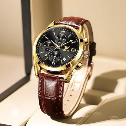 OLEVS Men's Chronograph Leather Watch, Big Face Easy to Read Analog Quartz Dress Watch, Casual Waterproof Luminous Hands Date Watches for Men, White/Blue/Black/Gold Dial