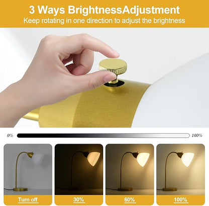 LED Desk Lamp for Home Office, 3 Levels Dimmable Reading Light, Flexible Table Lamp for Bedside Office, Rotary Switch Control, Desk Lamp for College Dorm Study Lamp, Bulb Included, Gold