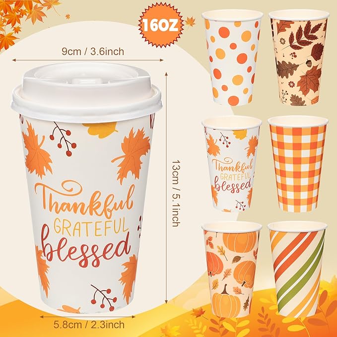 Umigy 120 Pack Fall Paper Coffee Cups 16 oz Thanksgiving Paper Hot Cup Disposable with Lids and Stirrers Beverage Drinking Cup with 6 Designs for Juice Water Coffee Tea for Home Shops