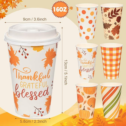 Umigy 120 Pack Fall Paper Coffee Cups 16 oz Thanksgiving Paper Hot Cup Disposable with Lids and Stirrers Beverage Drinking Cup with 6 Designs for Juice Water Coffee Tea for Home Shops