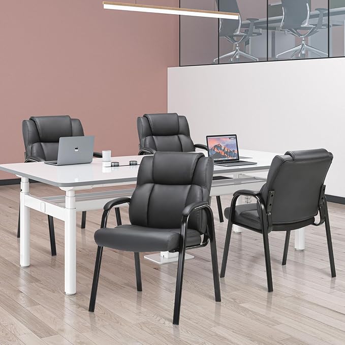 CLATINA Black Guest Chair with Arms, Office Reception Chairs for Conference and Waiting Room, Ergonomic Leather Visitor Desk Chair No Wheels Side Office Home Chairs, 4PK