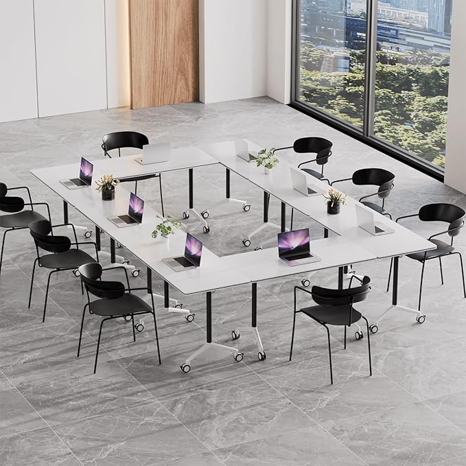 Conference Room Table, 55 Inch Folding Conference Tables with Wheels, Modern Office Meeting Table, Easy Flip & Nest Design, Rectangular Seminar Tables with Metal Frame for 2-24 People (M, 2PCS)