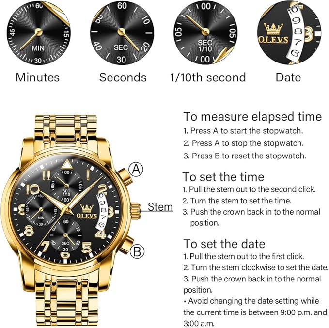 OLEVS Men's Stainless Steel Chronograph Watch, Big Face Gold Silver Black Tone Easy to Read Analog Quartz Watch, Luxury Waterproof Date Diamond Roman Arabic Numerals Dial Dress Watch for Men
