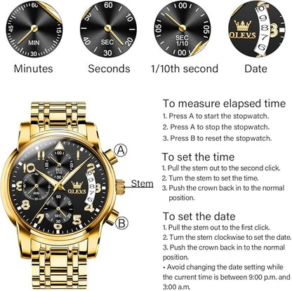 OLEVS Men's Stainless Steel Chronograph Watch, Big Face Gold Silver Black Tone Easy to Read Analog Quartz Watch, Luxury Waterproof Date Diamond Roman Arabic Numerals Dial Dress Watch for Men