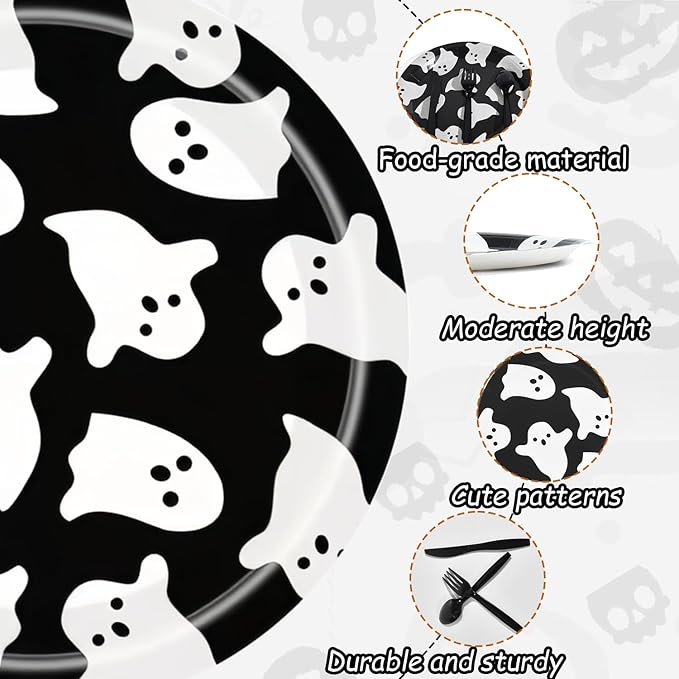 Halloween Disposable Party Tableware for 25 Guests,175pcs Disposable Tableware Set, Including Paper Plates,Paper Cups ,Knives, Forks, Spoons, Suitable for Party Supplies, Birthday Decorations，Black