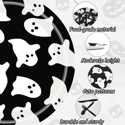 Halloween Disposable Party Tableware for 25 Guests,175pcs Disposable Tableware Set, Including Paper Plates,Paper Cups ,Knives, Forks, Spoons, Suitable for Party Supplies, Birthday Decorations，Black