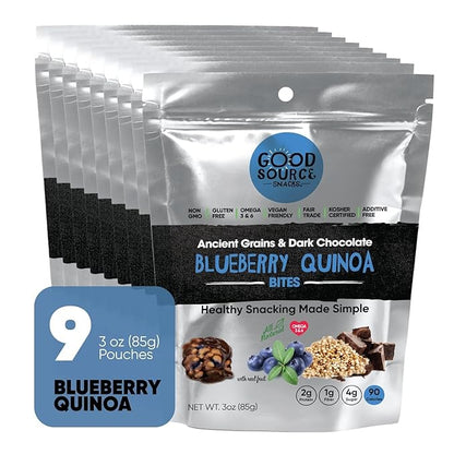 Good Source Snacks Dark Chocolate Bites & Ancient Grains, Blueberry Quinoa Chocolate Crisps, 9 Pack, 3 oz, Vegan, Gluten Free, Non GMO, Kosher Protein Bites
