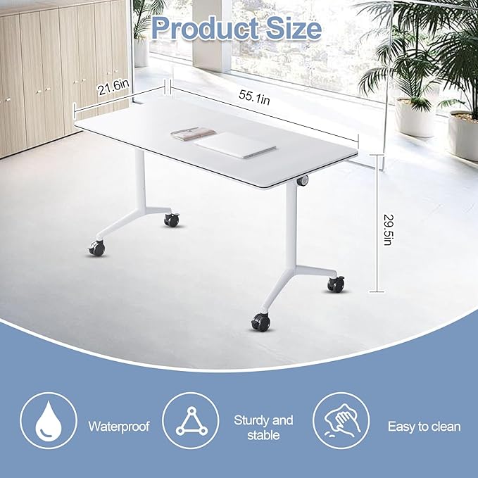 Conference Table, Foldable Conference Room Tables with Silent Wheels, Folding Modular Seminar Meeting Tables, Modern Rectangle Training Table for Office, Boardroom (4, White, 55.1)