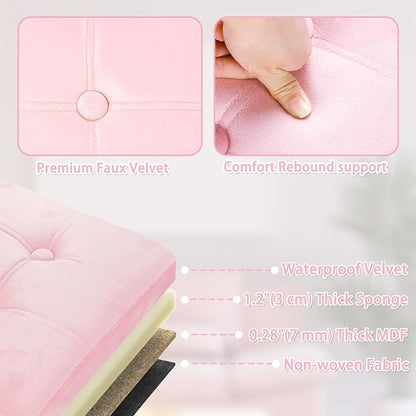 Folding Ottoman Bench with Storage - 34Inches Teddy Velvet Foot Stool Ottoman Bench, Padded Seat, Storage Chest,Blanket Store, for Entryway Livingroom and Bedroom,Pink (34" D x 13" W x 13" H)