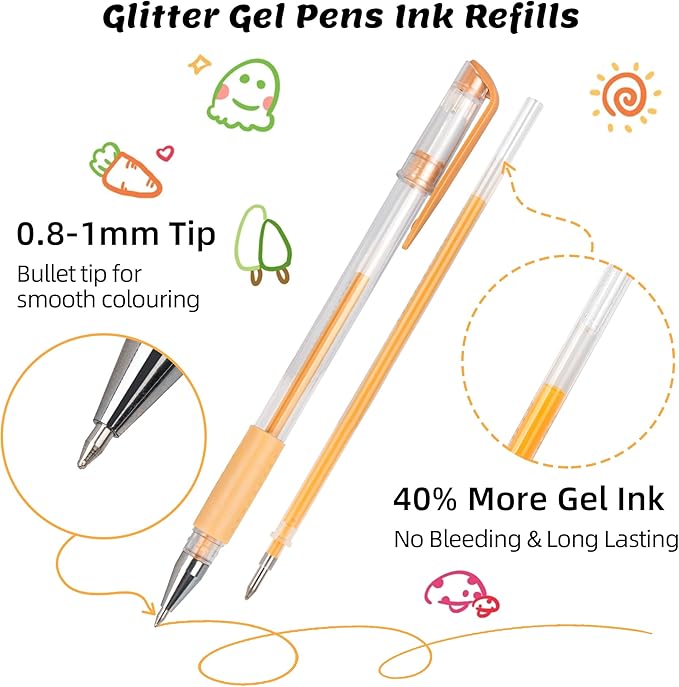 Gel Pens Ink Refills for Adult Coloring Book, 156 Pack Artist Colored Pens Refills with 40% More Ink, Glitter Gel Pens and Coloring Book, Perfect Art Supplies for Adults for Coloring