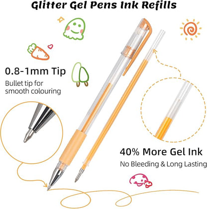 Gel Pens Ink Refills for Adult Coloring Book, 156 Pack Artist Colored Pens Refills with 40% More Ink, Glitter Gel Pens and Coloring Book, Perfect Art Supplies for Adults for Coloring