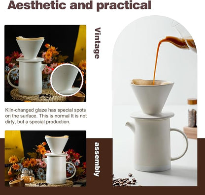 Pour Over Coffee Maker Set Vintage Ceramic Pour Over Coffee Dripper Set with 20 Count Paper Coffee Filters,for Home Café Restaurant Camping,15.8 Ounces(White)