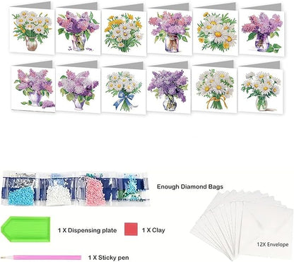 jinglinhh 12pcs Diamond Art Painting Lavender Daisy Flower Bouquet Greeting Cards with Envelopes, DIY Card Making Kits for Adults, Diamond Art Postcards Christmas Cards Craft Gifts
