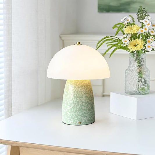 11" Mushroom Table Lamp, Small Ceramic Desk Bedside Lamp with Touch Control 3-Way Dimmable & Glass Shade, Modern Nightstand Lamp for Living Room Bedroom Home Office Crackle Texture Decor-Green
