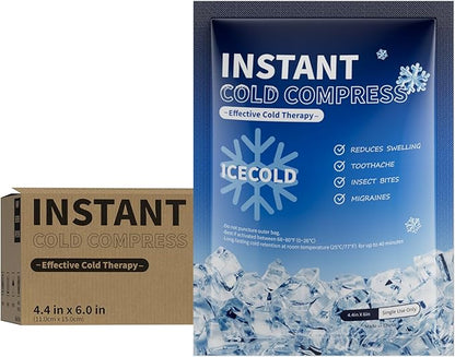 50 Instant Ice Cold Packs, 4.4" x 6" Disposable Ice Packs for Injuries, Pain Relief, No Freeze Needed Cold Compress for First Aid, Athletes