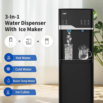 IKT Self Cleaning 4 in 1 Water Cooler Dispenser with Ice Maker for 5 Gallon Bottle Bottom Load 22lbs Daily Capacity Child Safety Lock Empty Bottle Light Black