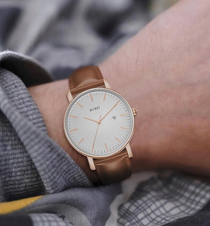 BUREI Men Watches Brown Leather Fashion Minimalist Wrist Watch Simple Ultra Thin Waterproof Quartz Watches All Black Stainless Steel Mesh Band,Gift for Men Women