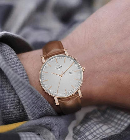 BUREI Men Watches Brown Leather Fashion Minimalist Wrist Watch Simple Ultra Thin Waterproof Quartz Watches All Black Stainless Steel Mesh Band,Gift for Men Women
