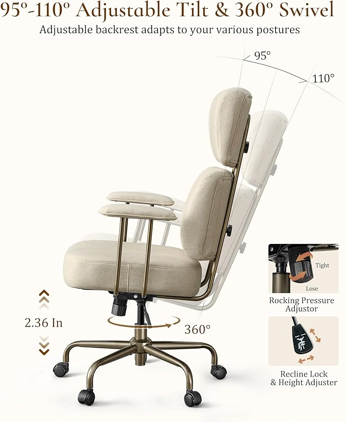 EUREKA ERGONOMIC Home Office Desk Chairs, Ergonomic Computer Chair with High Back, Executive Office Chair with Lumbar Support, Spring Cushion Seat, Mid-Century Modern, Off-White