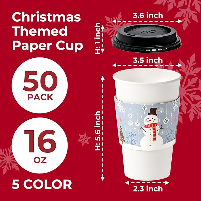 Fit Meal Prep 50 Pack 16 oz Christmas Disposable Coffee Cups with Lids, Sleeves, Leak-Proof To Go Coffee Cups with Lids, Durable Holiday Paper Cups for Hot Beverage, Home, Office, Party