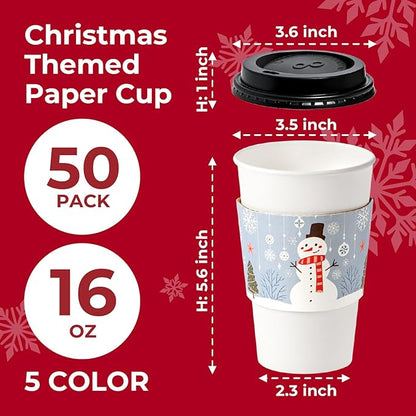 Fit Meal Prep 50 Pack 16 oz Christmas Disposable Coffee Cups with Lids, Sleeves, Leak-Proof To Go Coffee Cups with Lids, Durable Holiday Paper Cups for Hot Beverage, Home, Office, Party