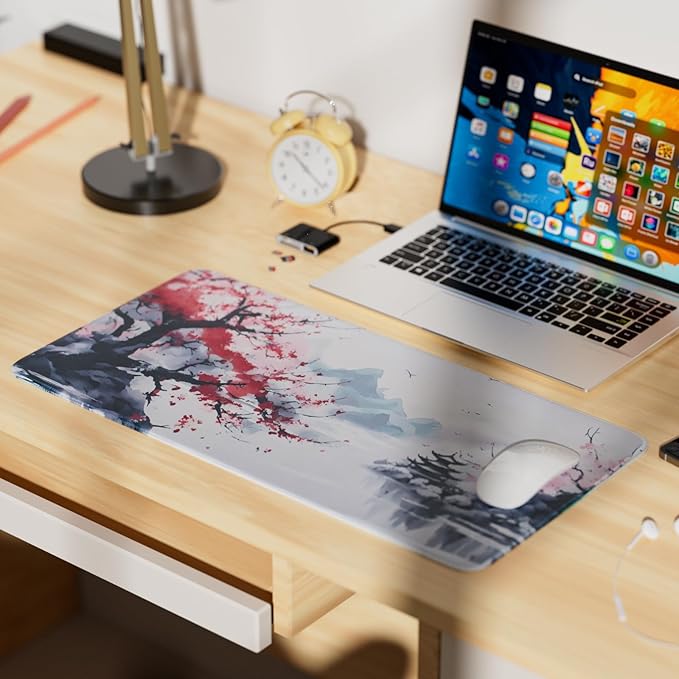 Large Sakura Mouse Pad, Japanese Cherry Blossom Desk Mat, Pink Extended Non-Slip Keyboard Mouse Pad Waterproof Office Desk Pad 23.6"x11.8" Anime Mouse Pads Desktop Protector for Office Home