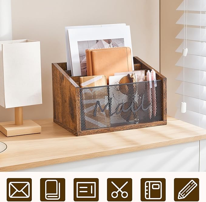 Mail Organizer Countertop, Mail Holder with 4 Slots, Mail Sorter for Desk, Wooden Office Desk Organizer, Mail Organizer for Magazines, Files, Papers, Folders, Rustic Brown and Black MR04BR