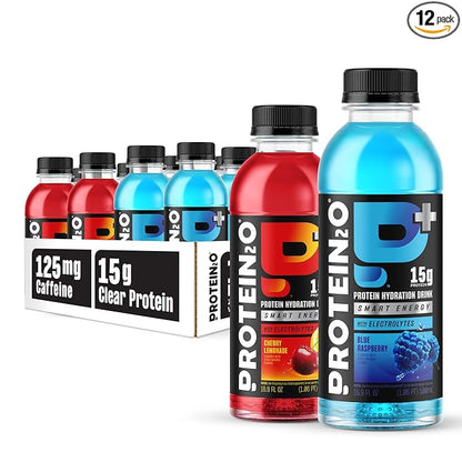 Protein2o 15g Whey Protein Isolate Hydration Drink Plus Energy & Focus, 350mg of Electrolytes, Vitamins B5 & B6, Sugar Free, Energy Variety Pack, 16.9 oz Bottle (Pack of 12)