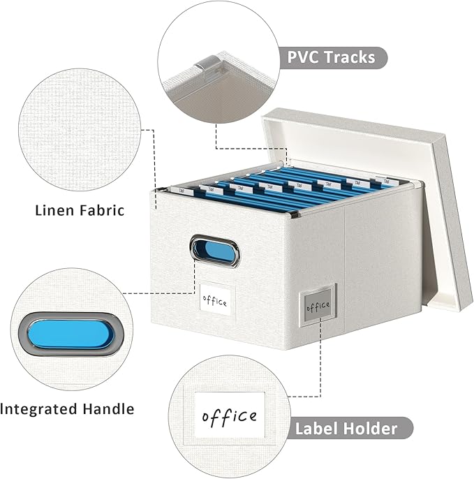 File Organizer Collapsible Storage Box for Office File Box with Lids Document Organizer for Office and Home Easy Slide Durable Hanging File Box (Off White)