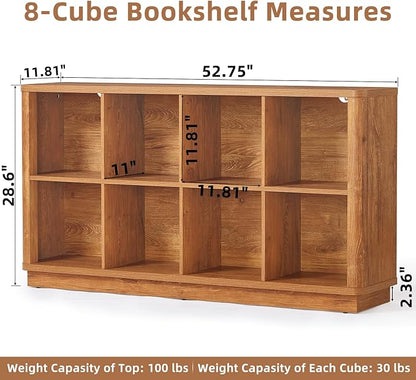 8 Cube Storage Book Shelf, 52" Long Horizontal Bookshelf with Curved Edge, Floor Standing Wooden Cubby Bookcase with Base, Modern Low Console Book Case, TV Stand for Living Room, Orange Oak